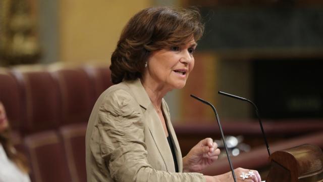 Carmen Calvo en la comparecencia por el 'Open Arms'.