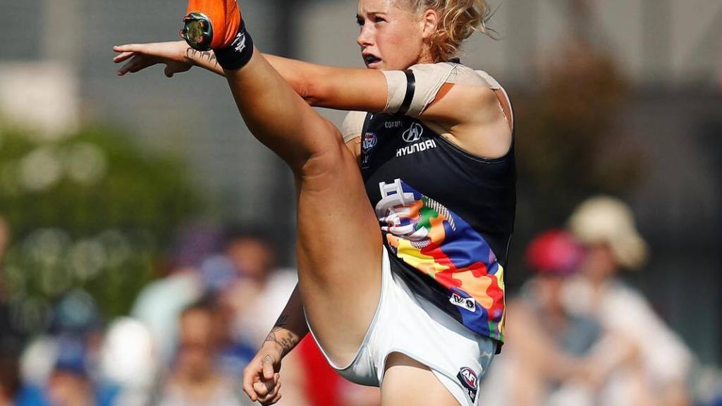 Tayla Harris, durante un partido de fútbol australiano en 2019. Foto: Instagram (@tayla_harris)