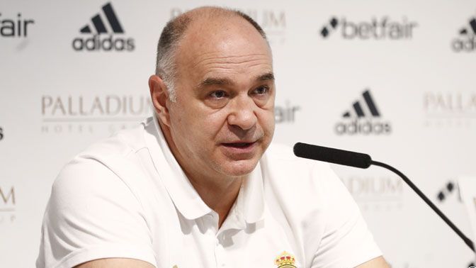 Pablo Laso, en rueda de prensa con el Real Madrid