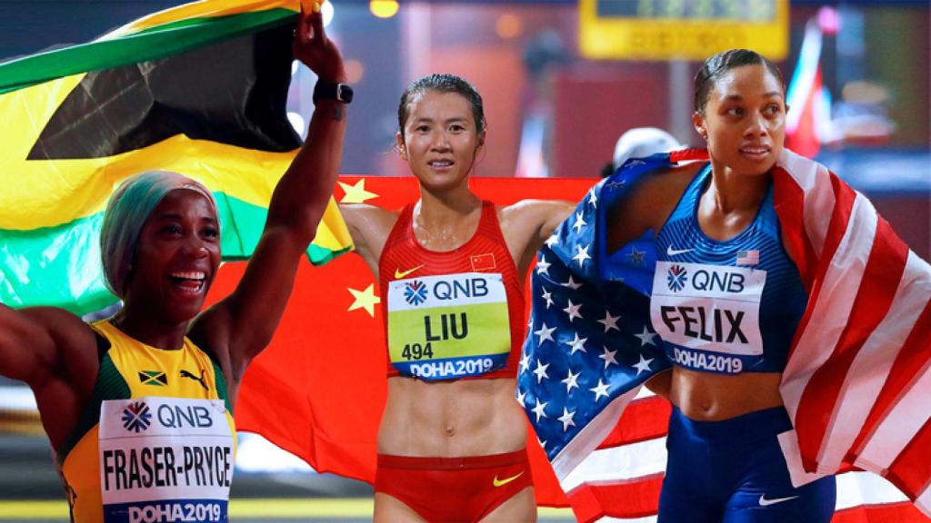 Fraser-Pryce, Hong Liu y Allyson Felix