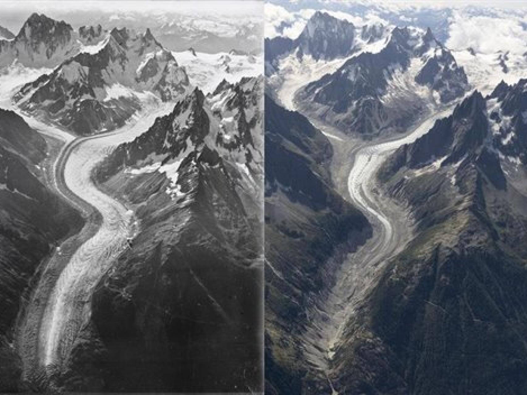 Comparativa de glaciar Mer du Glace entre 1919 y 2019.