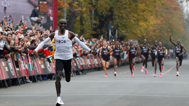 Eliud Kipchoge  tras cruzar la meta en la maratón de Viena.