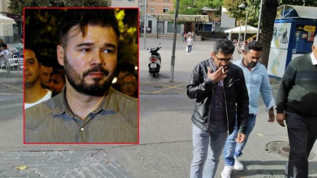Una imagen de Gabriel Rufián este pasado sábado y otra del barrio en el que creció.