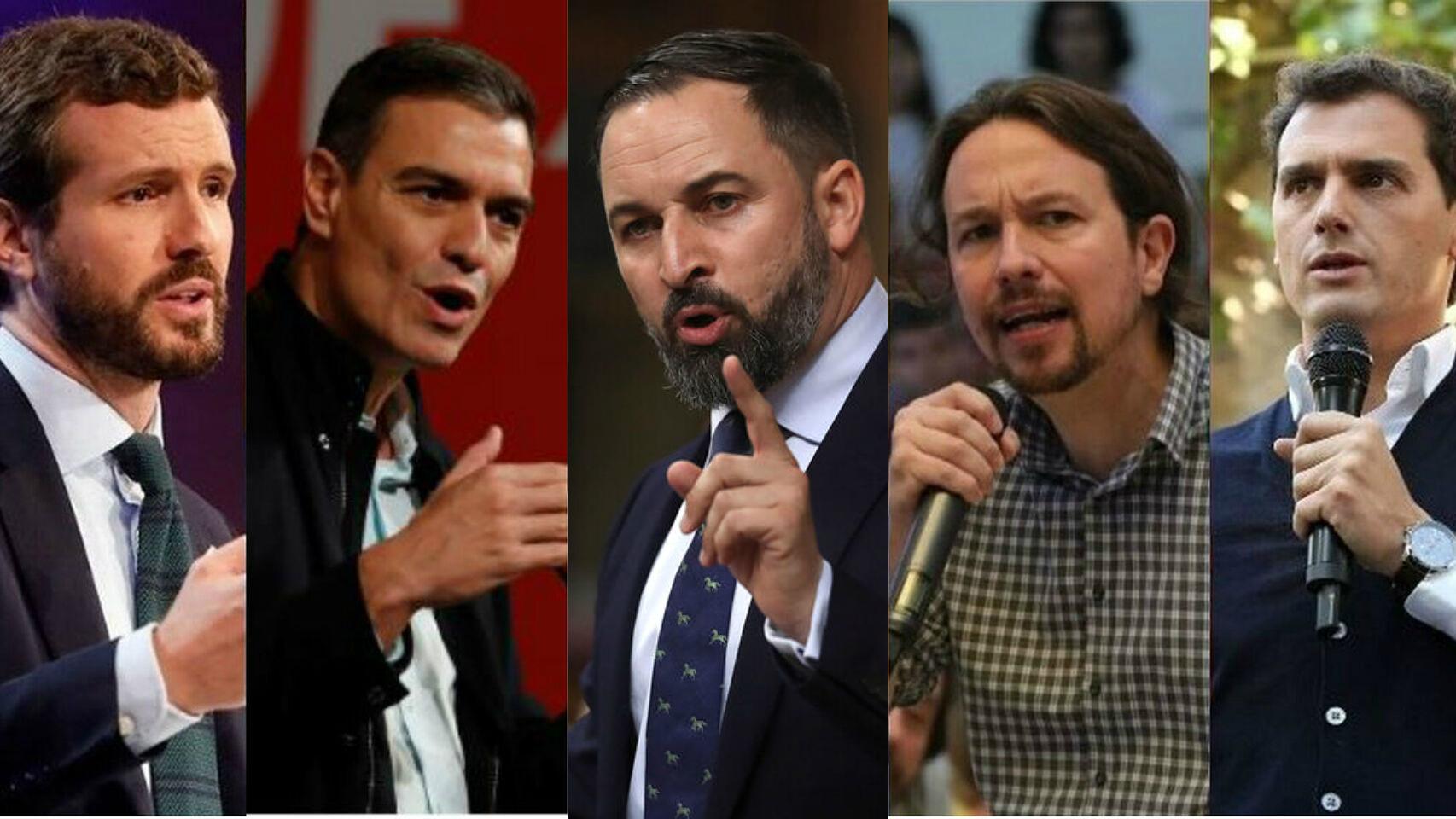 De izq. a dcha.: Pablo Casado, Pedro Sánchez, Santiago Abascal, Pablo Iglesias y Albert Rivera.