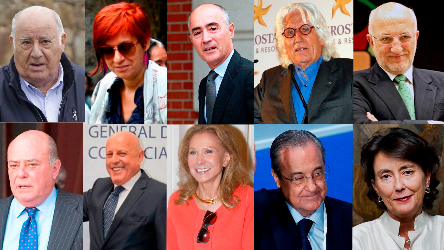 De izquierda a derecha en la fila superior, Amancio Ortega, Sandra Ortega, Rafael del Pino, Miguel Fluxá y Juan Roig. De izquierda a derecha abajo, Juan Abelló, Tomás Olivo, Alicia  Koplowitz, Florentino Pérez y María del Pino y Calvo-Sotelo.