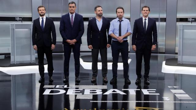 Cinco hombres en el debate electoral: Pablo Casado, Pedro Sánchez, Santiago Abascal, Pablo Iglesias y Albert Rivera
