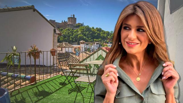 Gema López en su hotel de Granada con la alhambra al fondo en un montaje de Jaleos.