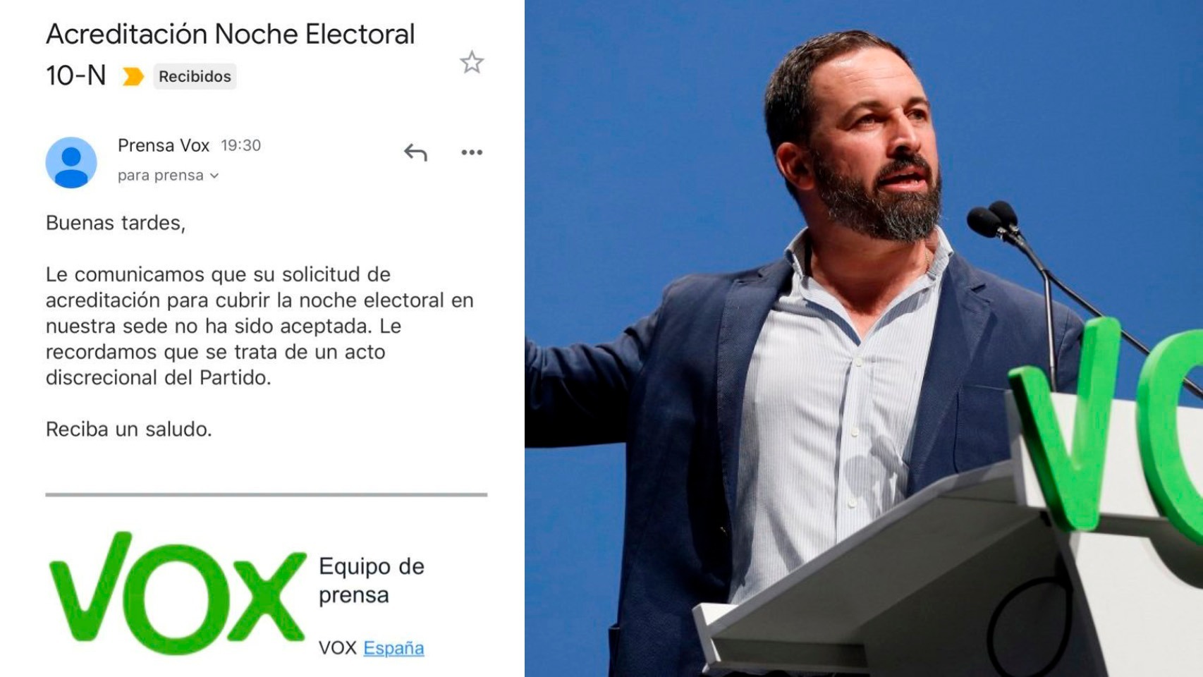 Imagen del correo de Vox donde se comunica que EL ESPAÑOL no podrá acceder a la sede el 10-N.