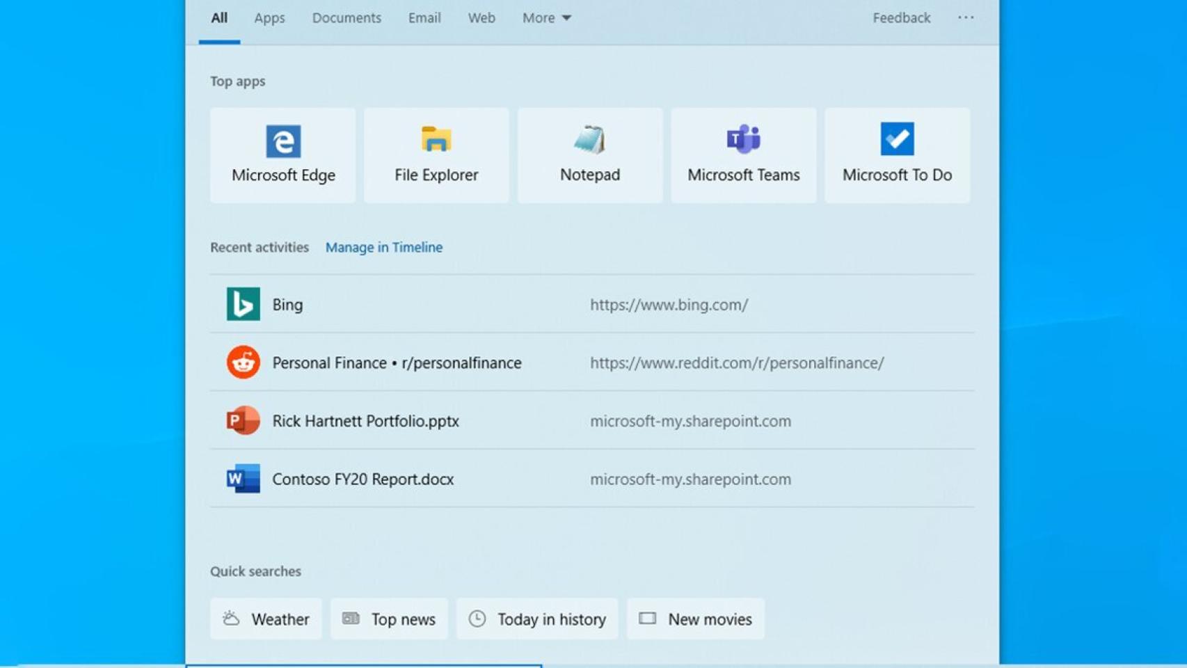 Menú de inicio de Windows 10 con búsquedas rápidas