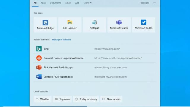 Menú de inicio de Windows 10 con búsquedas rápidas