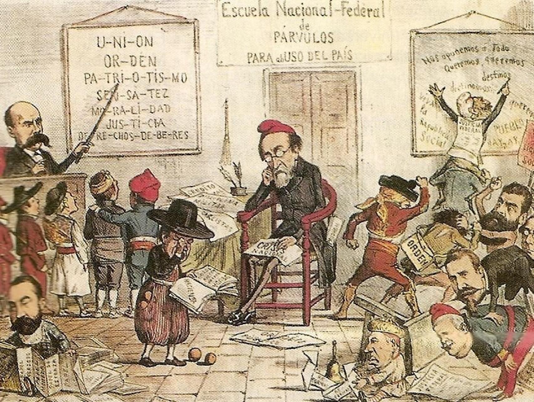 Caricatura de la revista satírica 'La Flaca' en la que aparece Pi y Margall desbordado por el federalismo.