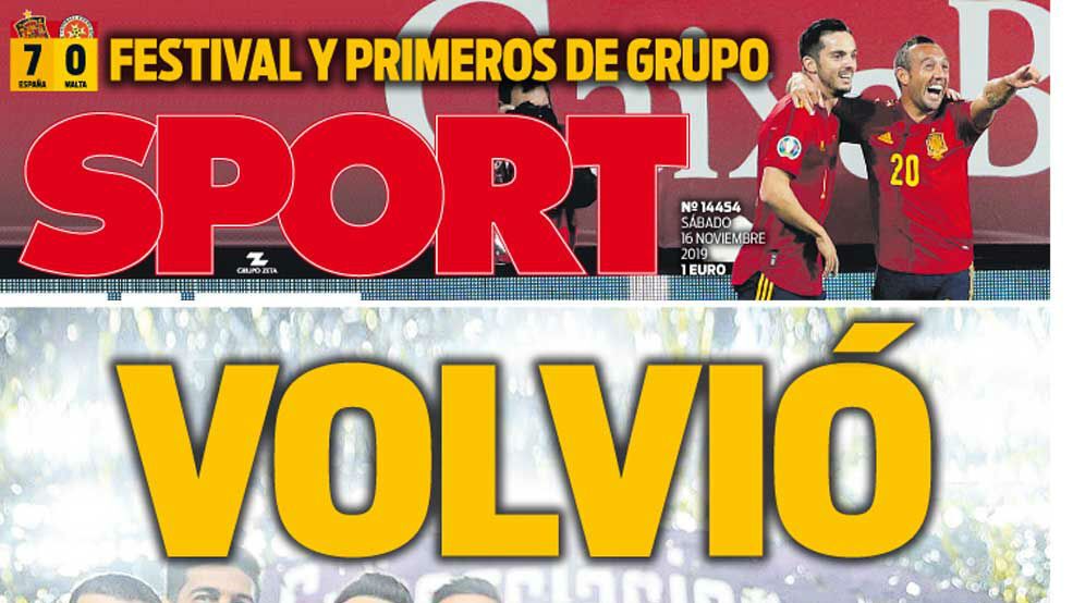 La portada del diario Sport (16/11/2019)