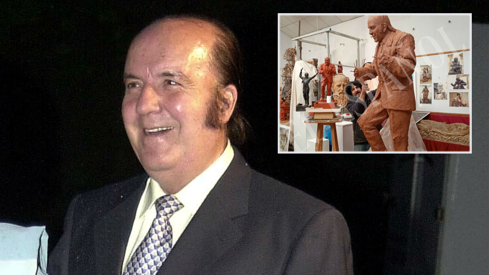 El humorista Chiquito de la Calzada junto al boceto que la Asociación 'Ashumes' está realizando.