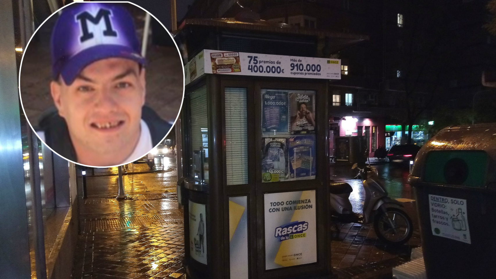 El lotero Miguel Rodríguez Garzón y el quiosco donde trabajaba.