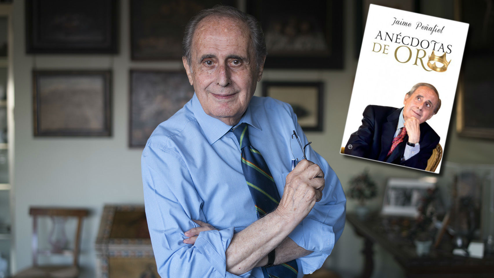 Jaime Peñafiel junto a la portada de su nuevo libro en un montaje de Jaleos.