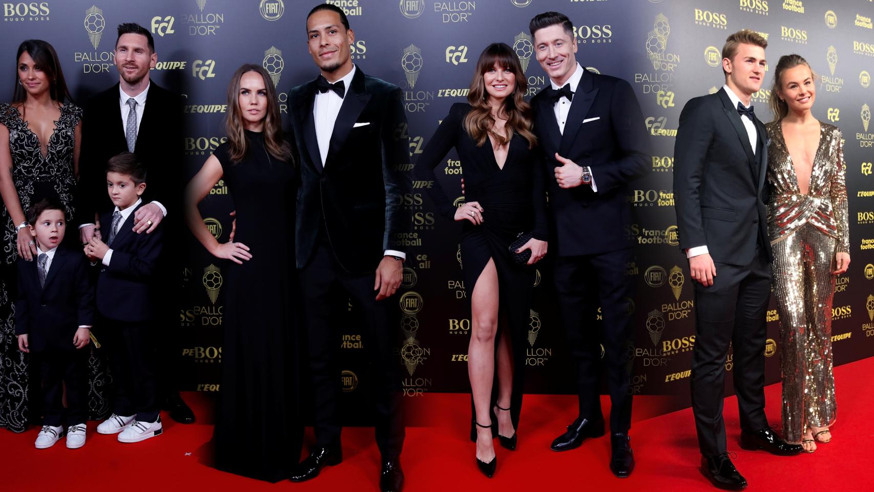 Algunos de los futbolistas y sus acompañantes que pasaron por la alfombra roja del Balón de Oro 2019