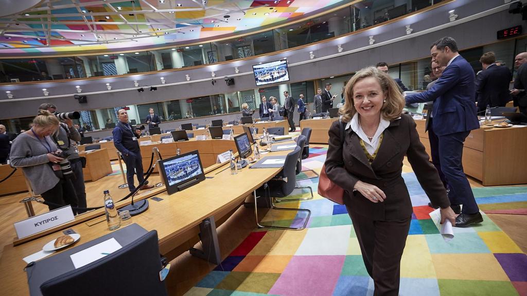 La vicepresidenta económica, Nadia Calviño, durante el Ecofin celebrado en Bruselas.