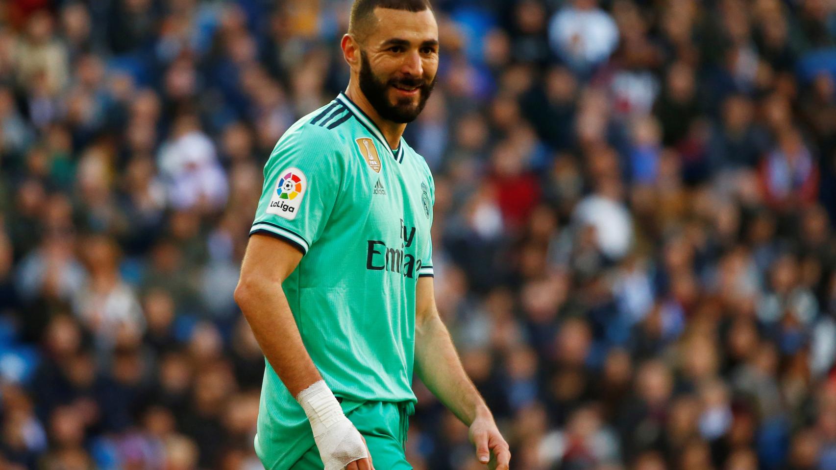 Karim Benzema celebra su gol al Espanyol