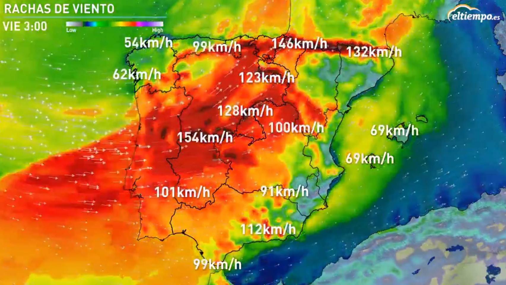 Previsión de las rachas de viento según eltiempo.es.
