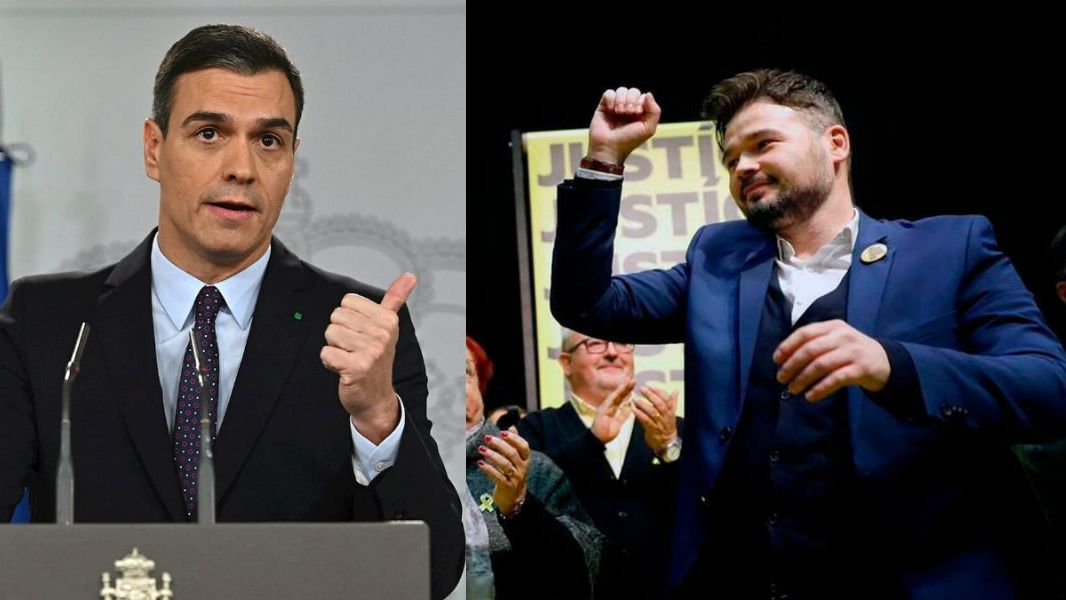 El presidente del Gobierno en funciones, Pedro Sánchez y el portavoz de ERC, Gabriel Rufían.