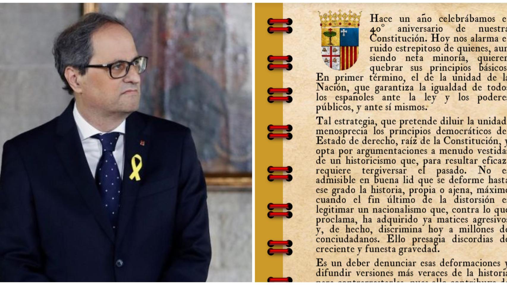 El presidente catalán, Quim Torra, junto al calendario que ha editado Lambán.