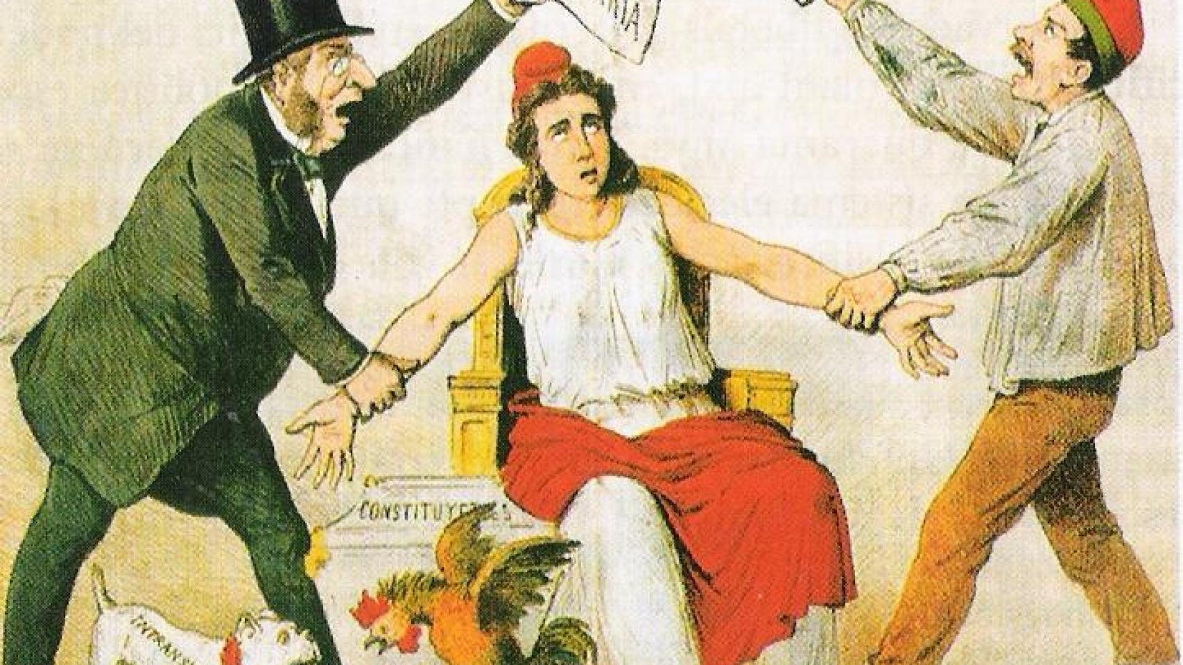 Caricatura de la revista La Flaca del 3 de marzo de 1873 sobre la pugna entre radicales y republicanos federales.