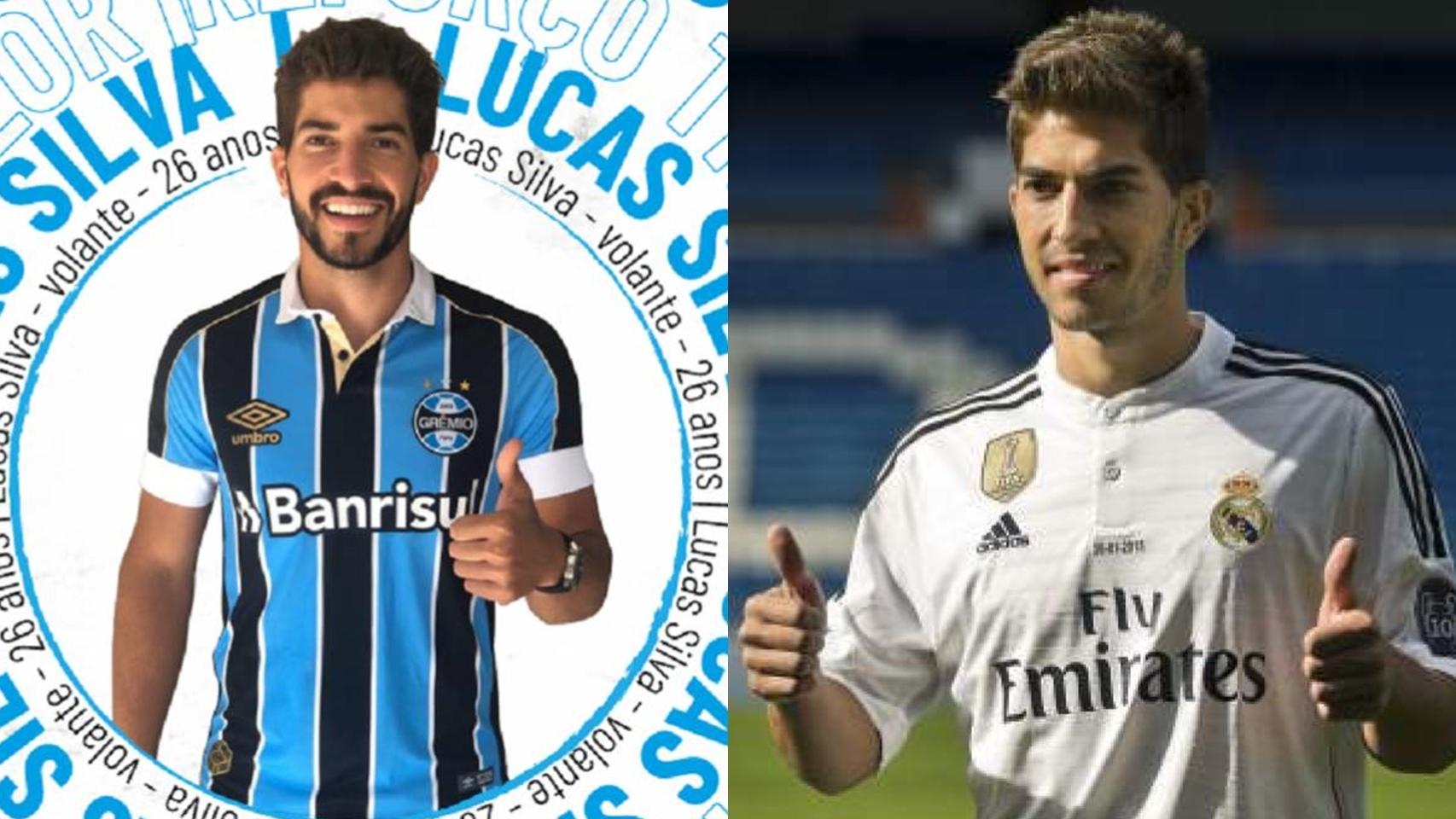 Lucas Silva con la camiseta de Gremio y la del Real Madrid en su presentación