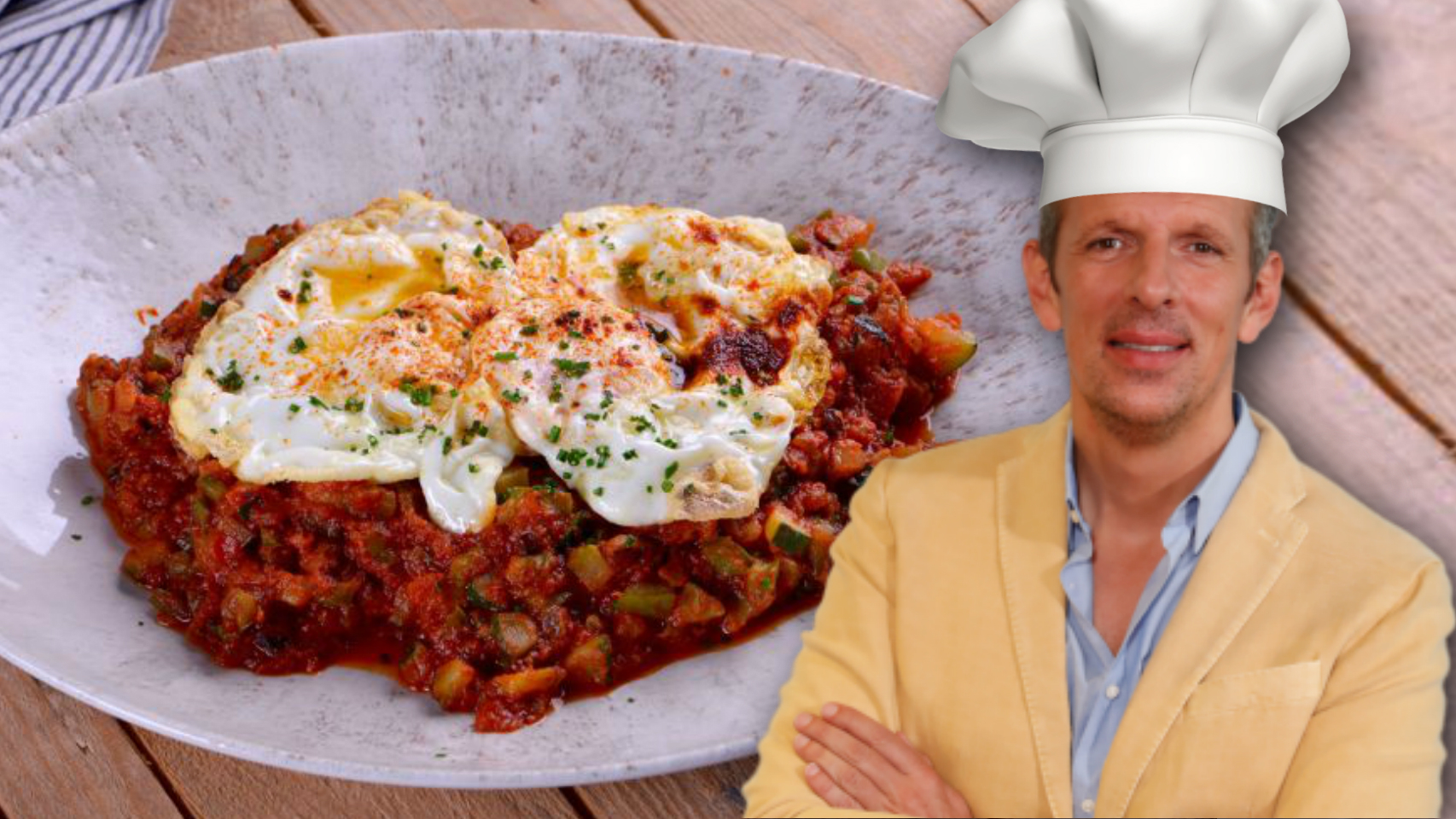 Joaquín Prat con el pisto manchego, en un montaje de JALEOS.