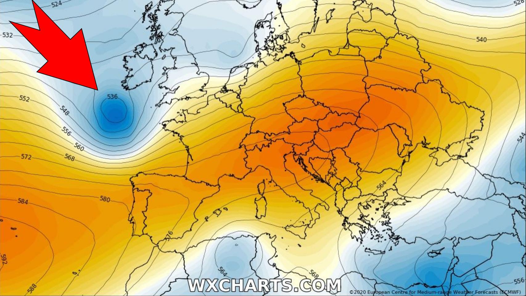 La depresión posicionada frente a la Península Ibérica. Severe-weather.eu.