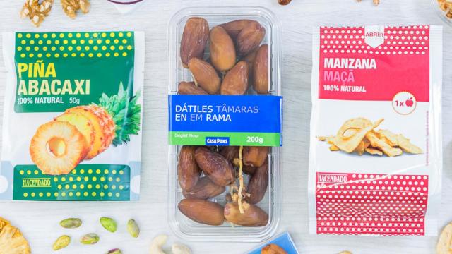 'Snacks' de fruta deshidratada. Mercadona.