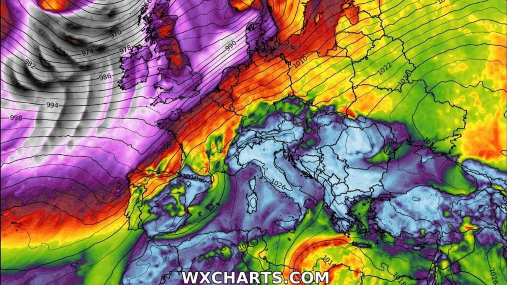 En negro, las bajas presiones que representan la ciclogénesis explosiva que ha provocado a Brendan. Severe-weather.eu