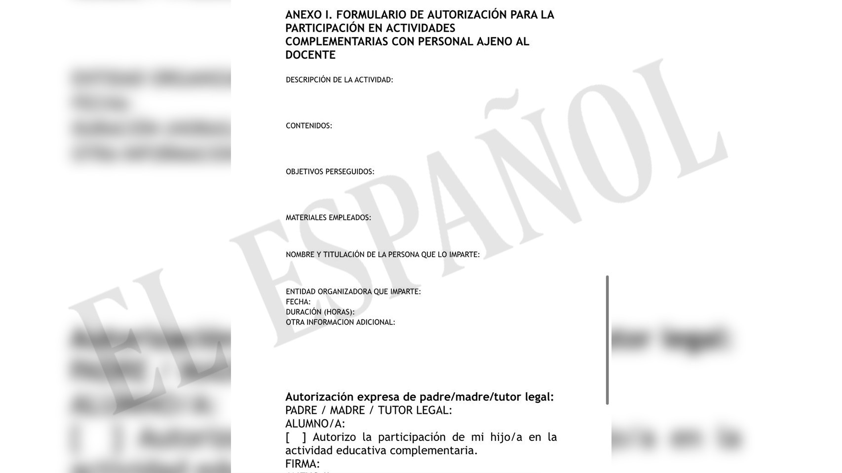 Formulario negociado por PP y Vox para ampliar el pin parental en Murcia.