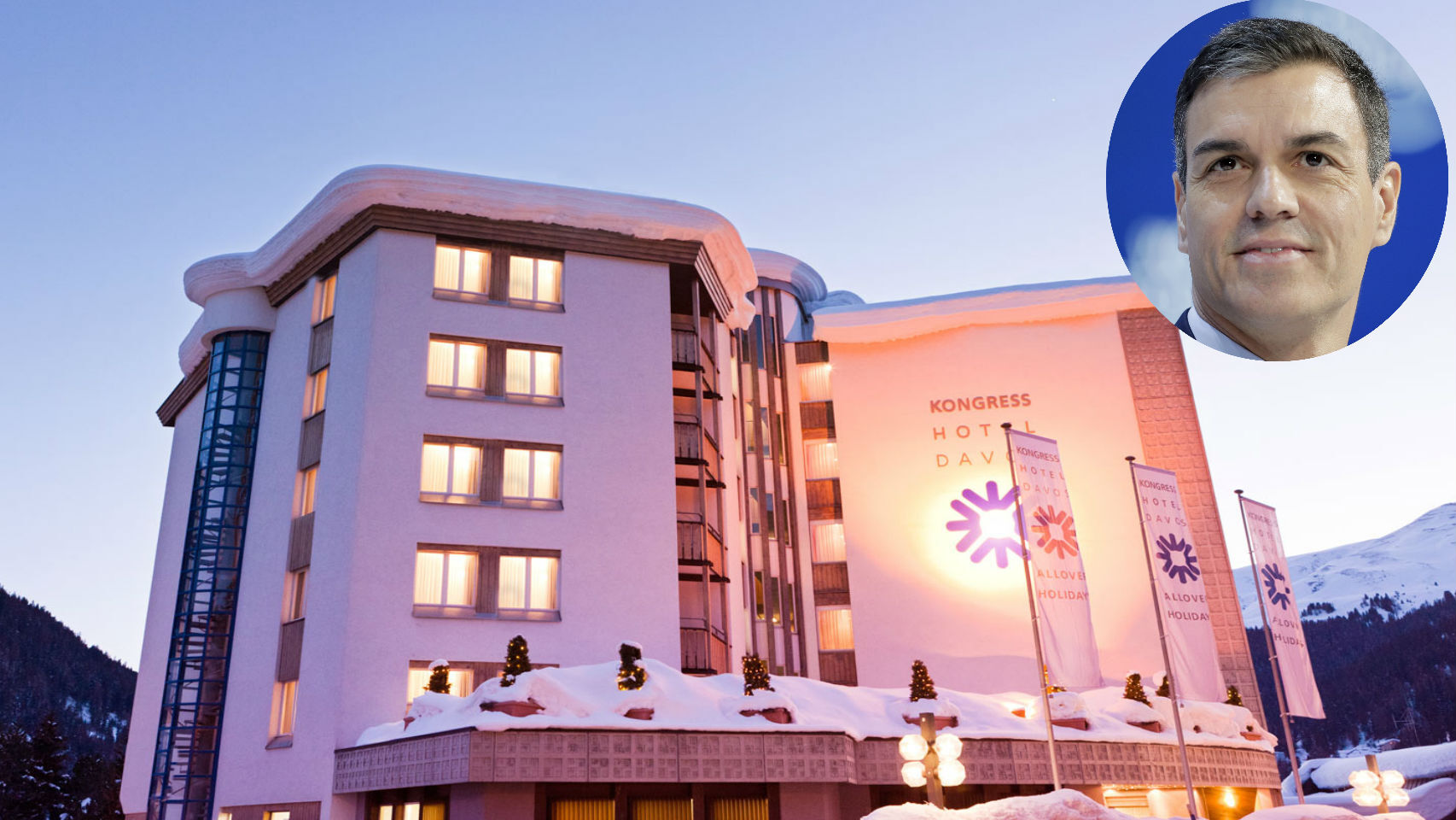 El hotel donde se ha hospedado Sánchez, en un montaje de JALEOS.