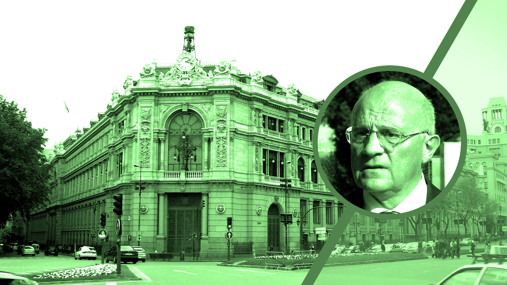 La sede del Banco de España al fondo junto al retrato de Josep Oliu, presidente del Banco Sabadell.