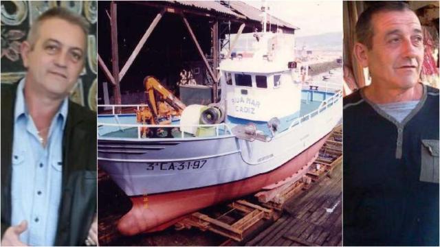 Antonio Javier (izquierda) y Ángel (derecha), los hermanos marineros, y el pesquero desaparecido