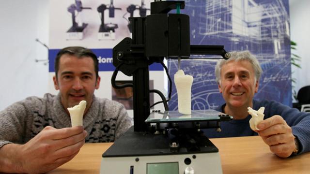 Investigadores del grupo Biomat de la UPV/EHU con dos piezas bioimpresas.