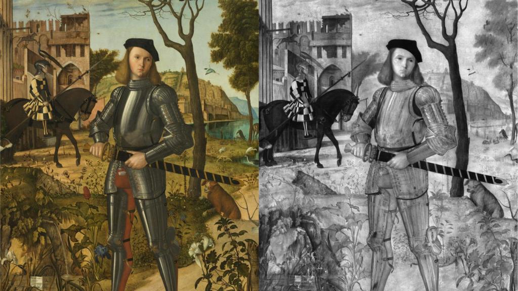 El original de 'Joven caballero en un paisaje' y una fotografía del cuadro con luz inflarroja.