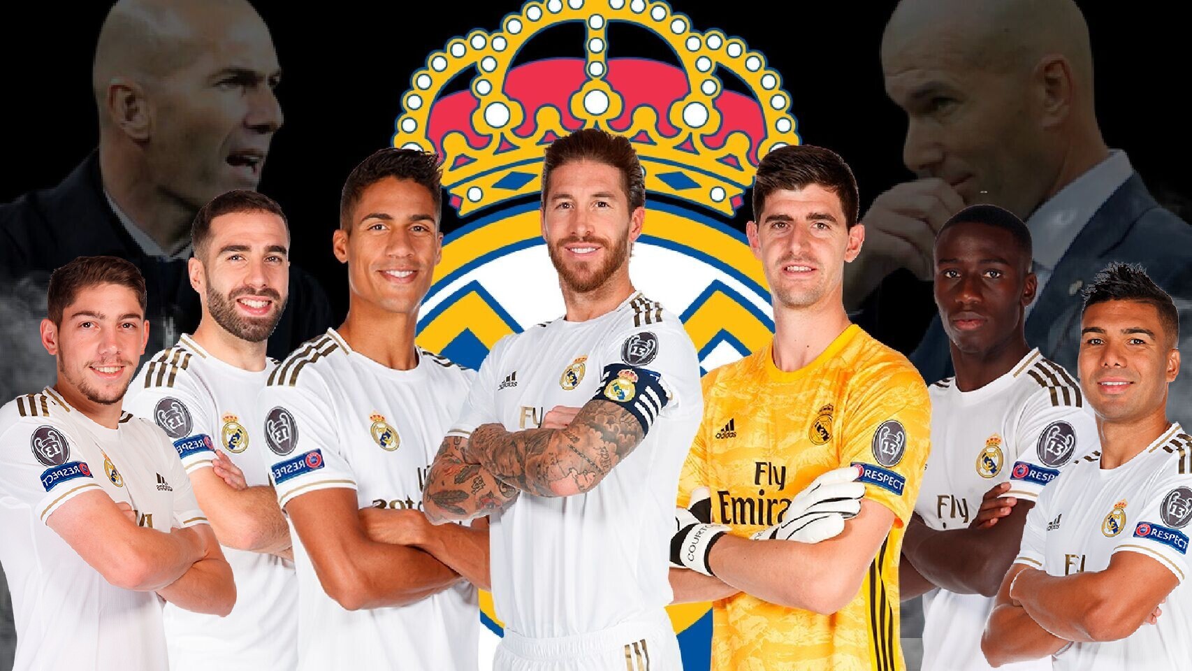 Fede Valverde, Carvajal, Varane, Ramos, Courtois, Mendy y Casemiro (de izquierda a derecha)