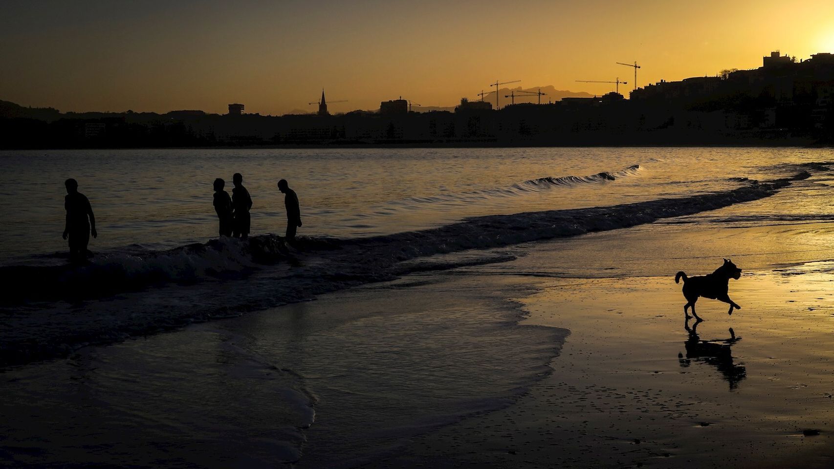 Varios hombres se bañan en la playa de Ondarreta de San Sebastián al amanecer. EFE/ Javier Etxezarreta