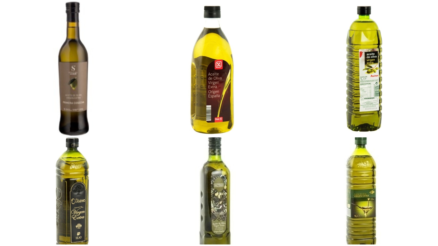 Aceites de oliva de marca blanca de Aldi, Mercadona, Lidl, Alcampo, Carrefour y Dia.