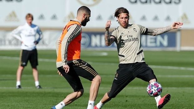 Karim Benzema y Sergio Ramos, en el entrenamiento de este lunes