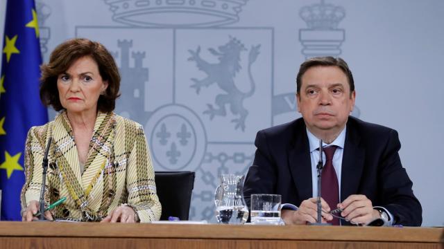 La vicepresidenta primera del Gobierno, Carmen Calvo, y el ministro de Agricultura, Pesca y Alimentación, Luis Planas, este martes.
