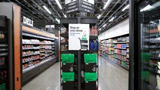 An Amazon Go grocery bags are pictured during a tour of an Amazon checkout-free, large format grocery store in Seattle