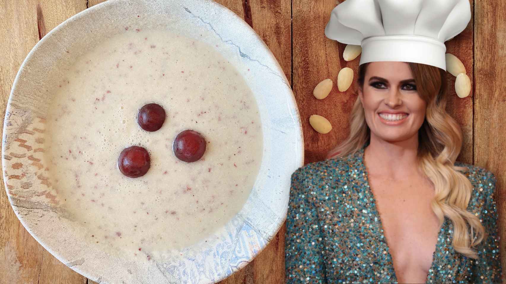 Adriana Abenia en un montaje de JALEOS junto a su ajoblanco.