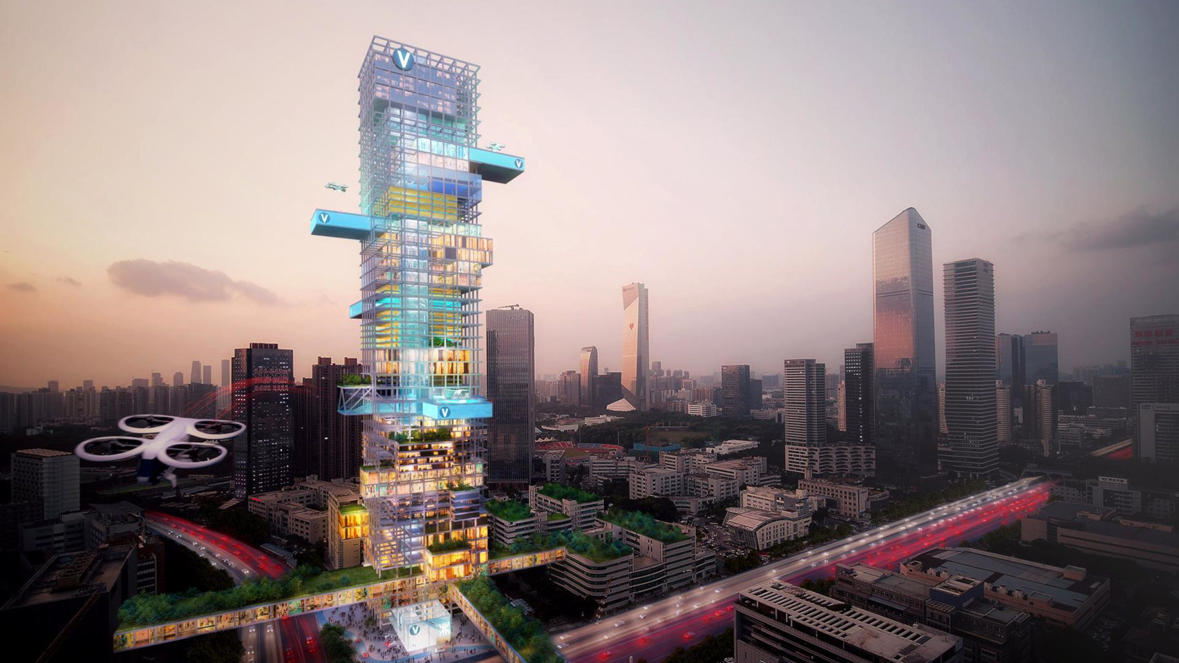 Diseño de edificio con vertipuertos para coches voladores