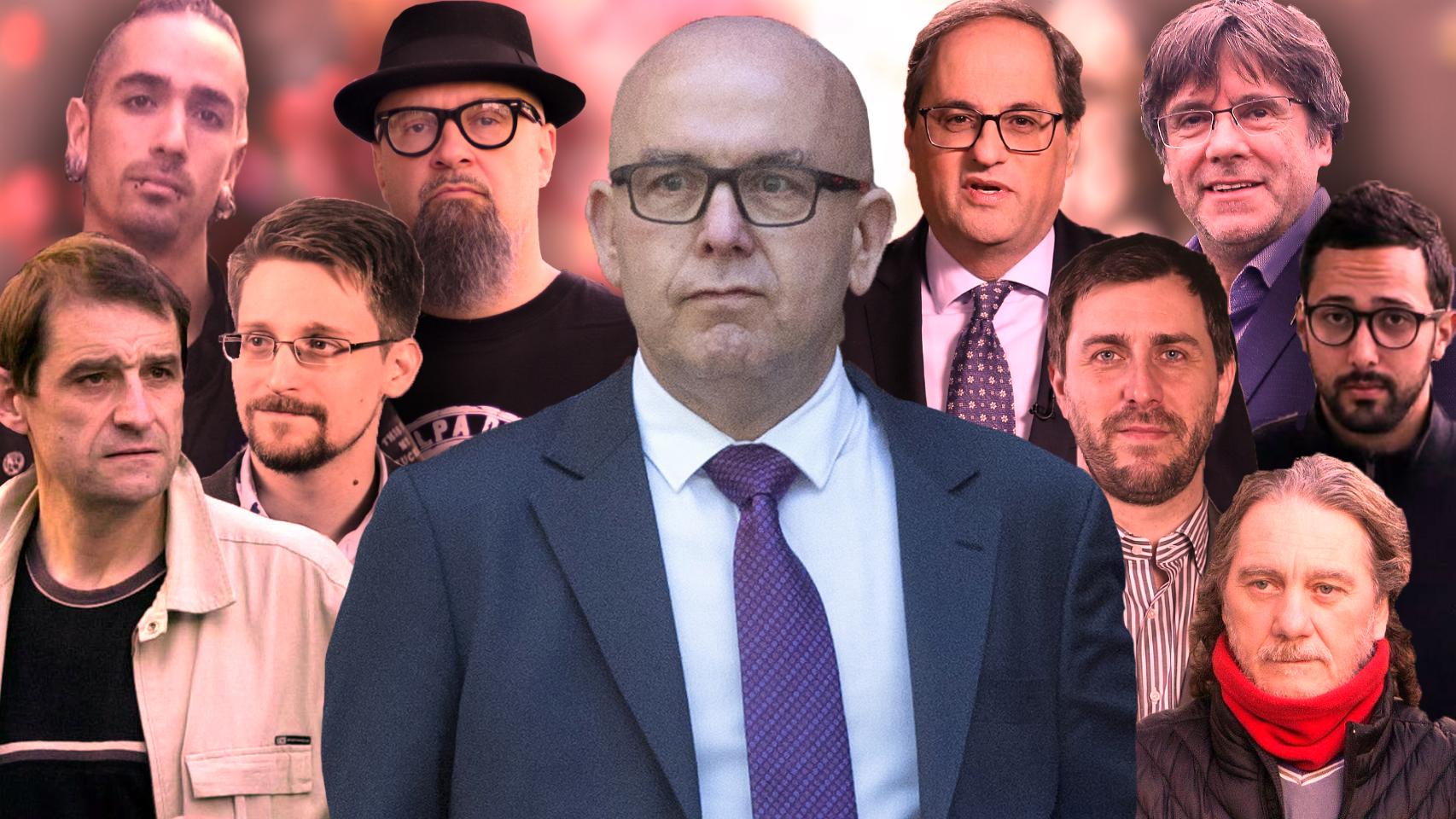 Gonzalo Boye, en el centro. De izquierda a derecha: el etarra Josu Ternera; Rodrigo Lanza; Edward Snowden; el cantante César Strawberry; el presidente de la Generalitat, Quim Torra; el exconseller Toni Comín; el expresidente catalán Carles Puigdemont, el narcotraficante Sito Miñanco y el rapero Valtonyc.