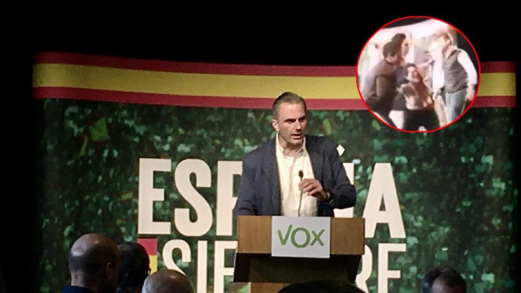 Ortega Smith durante su intervención en Zaragoza y el momento en el que irrumpe la activista.