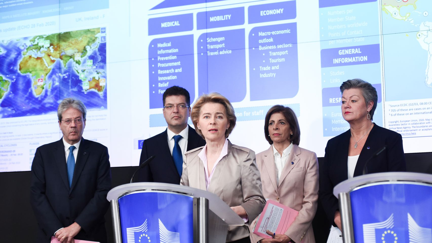 Ursula von der Leyen, Paolo Gentiloni y el resto del gabinete de crisis contra el coronavirus