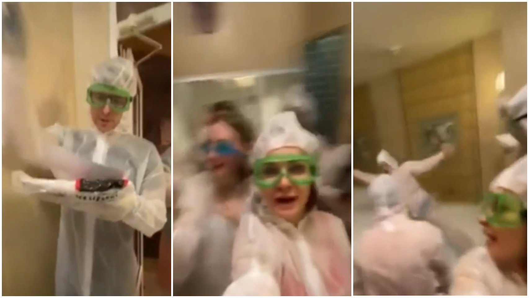 Tres secuencias del vídeo en el que echan hielo seco a una piscina produciendo las intoxicaciones mortales.