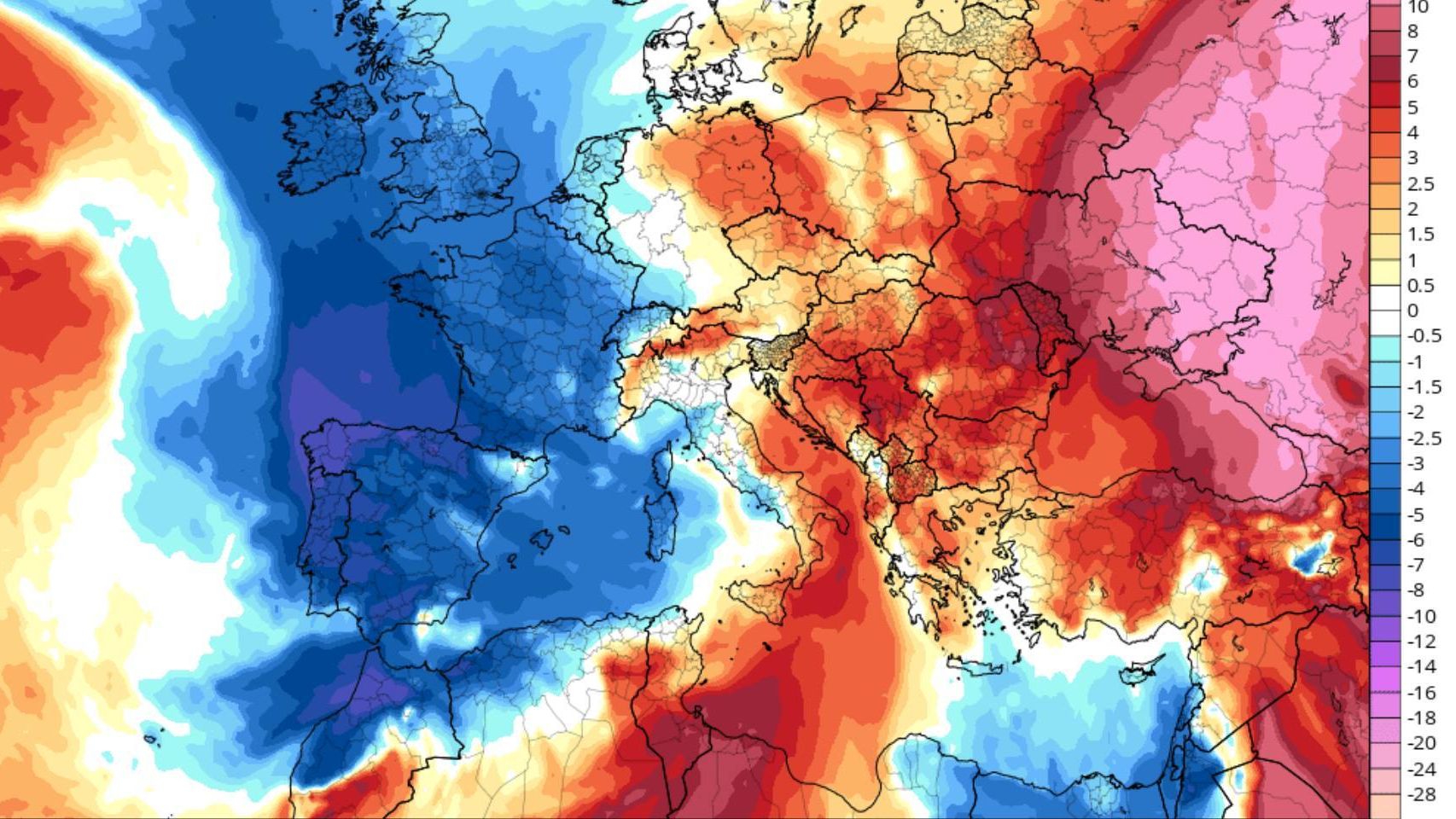 Anomalías de temperaturas previstas para el vienes 6 de marzo. Severe-weather.eu.